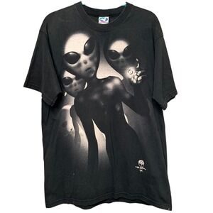 Vintage 1996 Liquid Blue Alien UFO Graphic T-Shirt AOP Black Mens Large USA Made